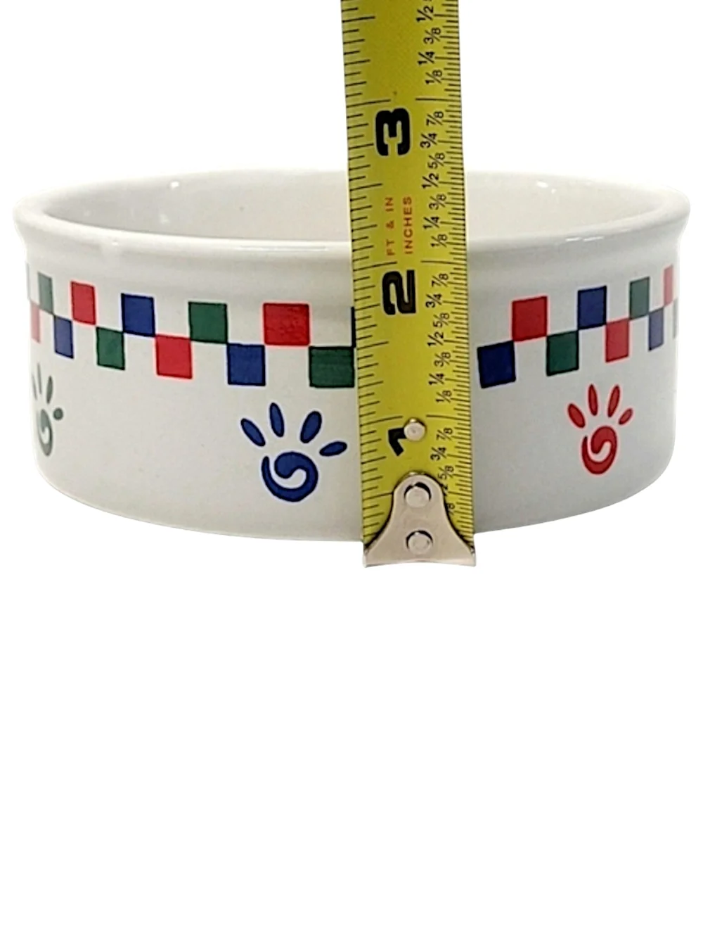 Spot Brand White Cat Bowl Ceramic with Multicolor Paw & Checker Accents